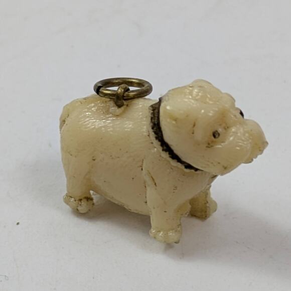 Vintage Miniature Celluloid Bulldog Dog Charm Japan Cream with Collar & Ring - Picture 1 of 4